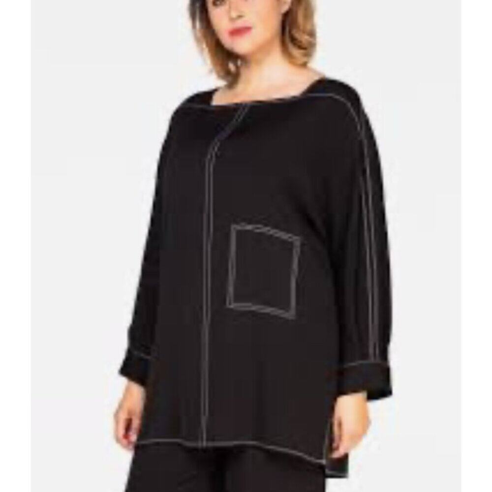 Zara Black Pullover Blouse Women Size S / M Square Neck & Contrast Stitching